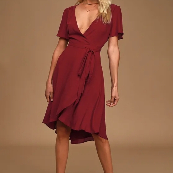 Lulu's Burgundy High Low Wrap Dress Gentle Used Sz Small - Picture 1 of 7